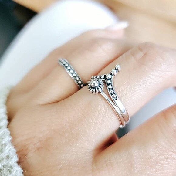 Sterling Silver 3 Ring Set, Beaded Chevron, Band, Flower 925 Women Ring, - Picture 2 of 10